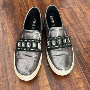 Geox US size 10, silver metallic and black slip-ons with jewel embellishments